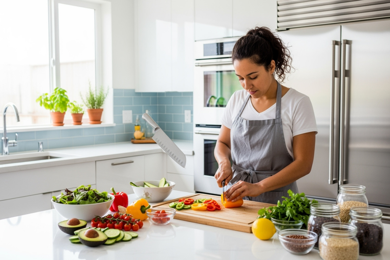 person preparing a healthy, vibrant meal in a bright kitchen. - extreme self care