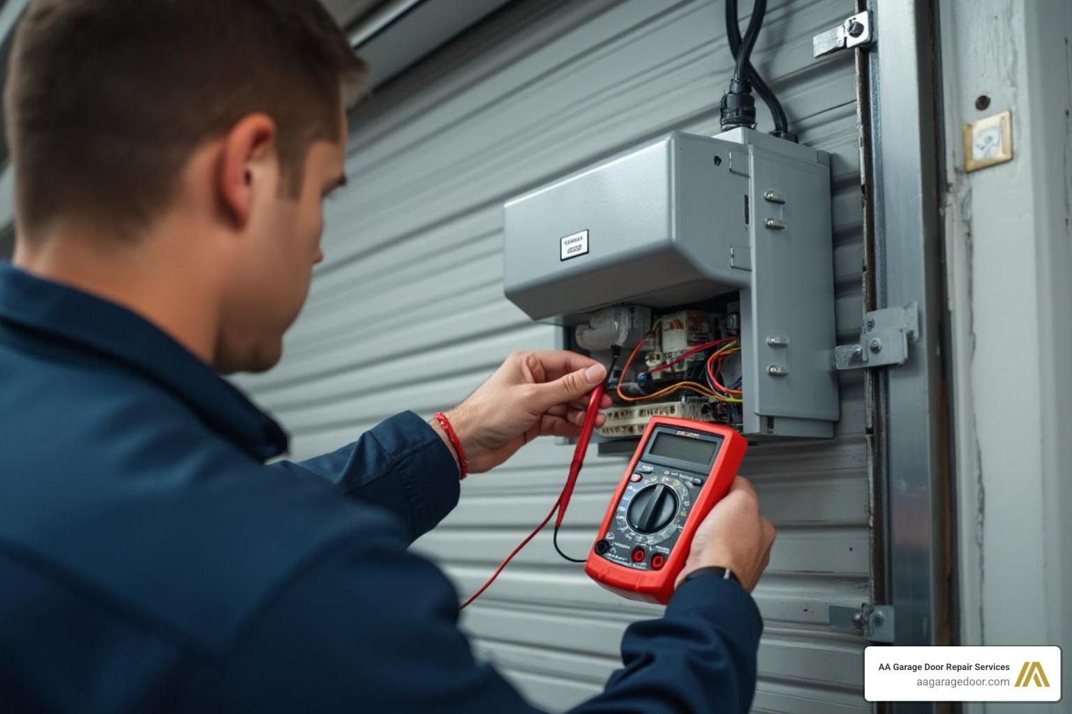 technician performing a diagnostic check on a commercial door opener with a multimeter - commercial roll up door repair