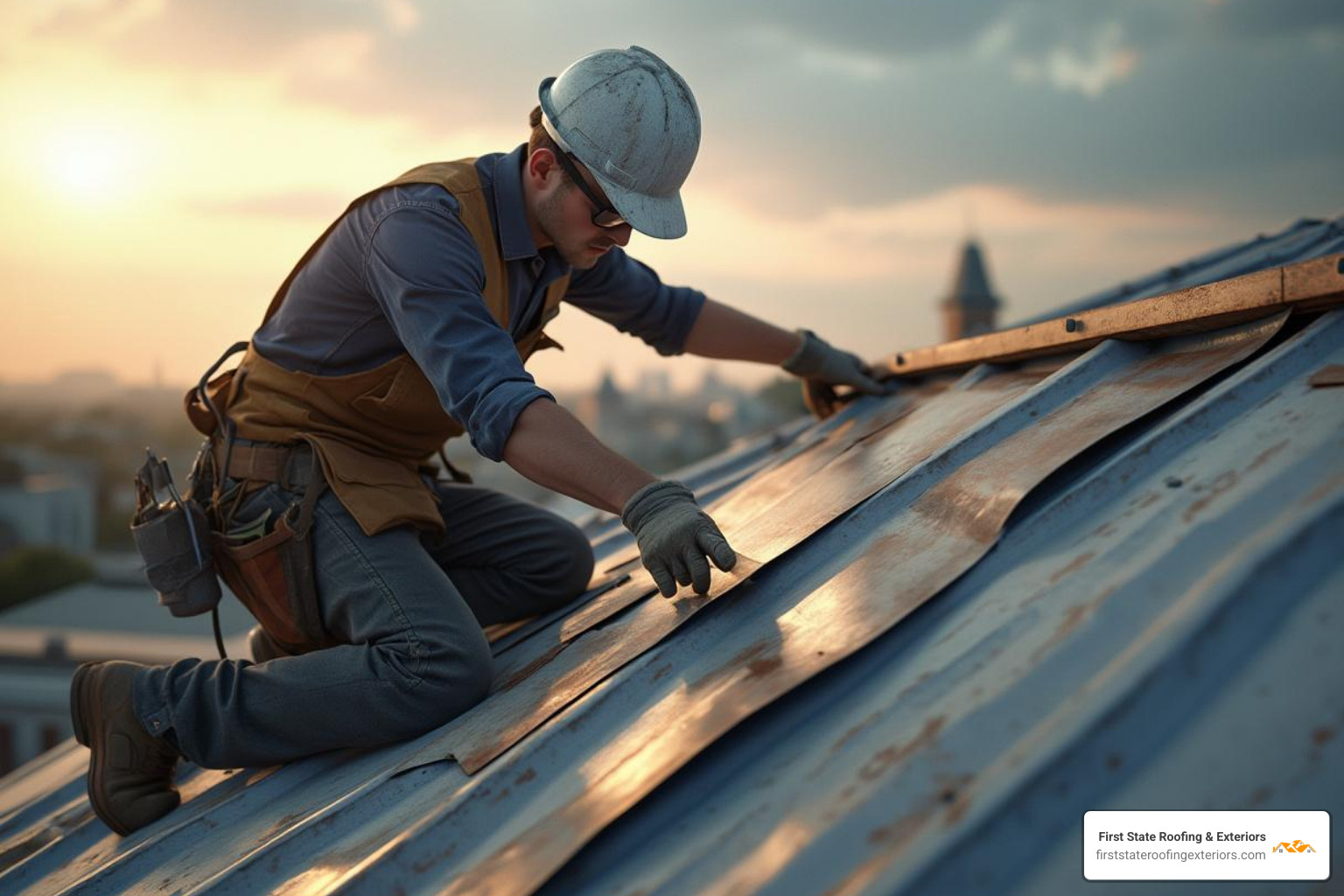 roofer aligning first metal panel - Metal roof installation