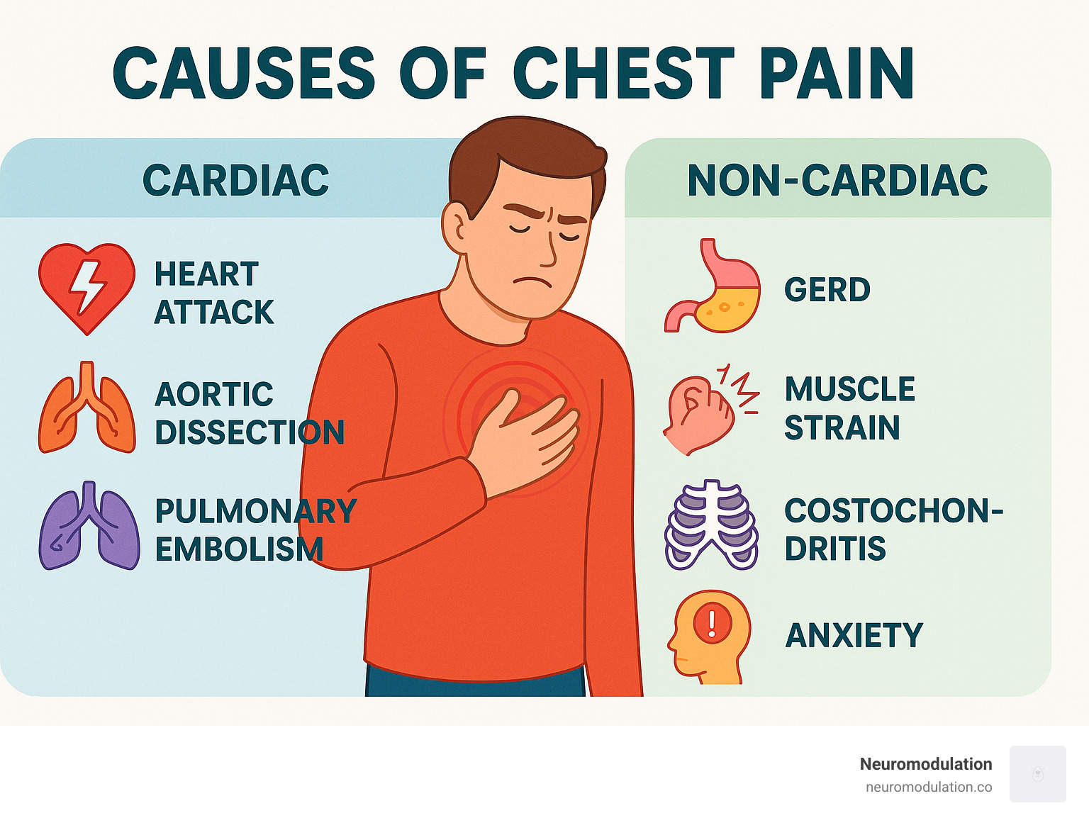 Infographic explaining common cardiac and non-cardiac causes of chest pain - chest pain management algorithm infographic 