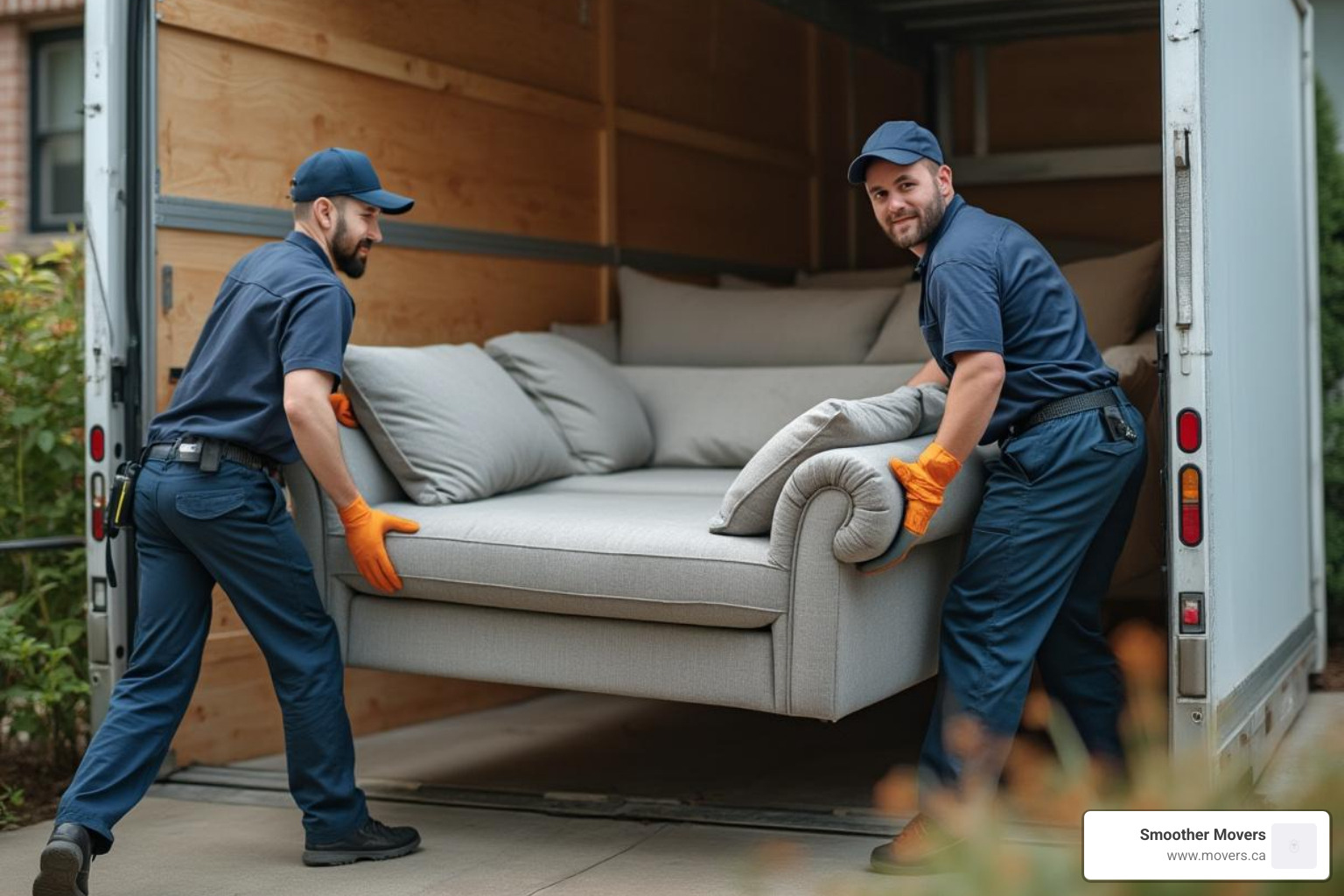 Movers carefully carrying a couch out of a house - kelowna to vancouver movers