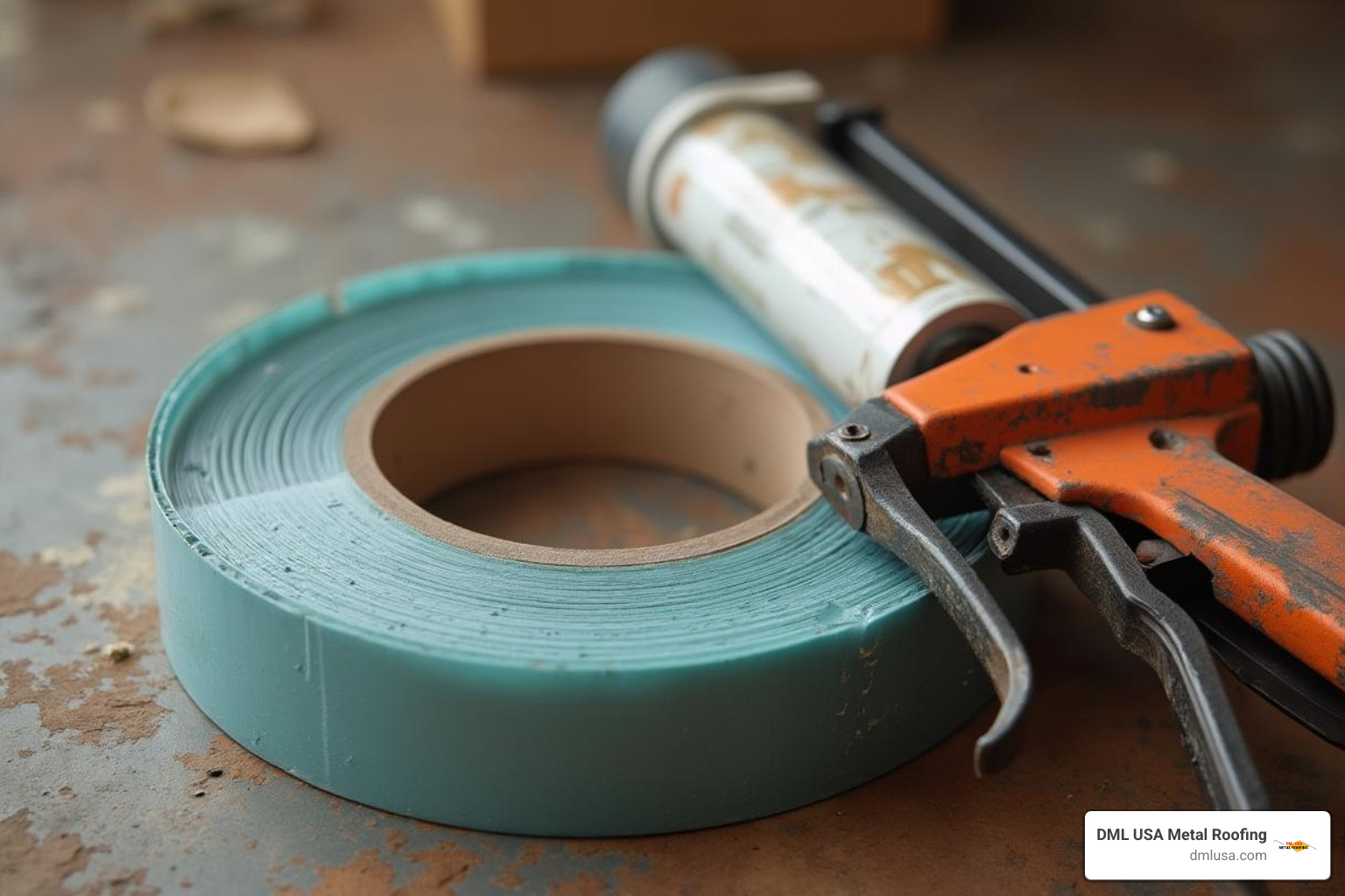 of butyl sealant tape next to a caulk gun - best adhesive for metal roofing