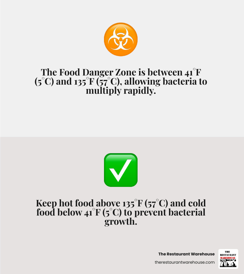 Infographic explaining the food temperature danger zone and safe holding temperatures - commercial restaurant food warmers infographic 2_facts_emoji_grey
