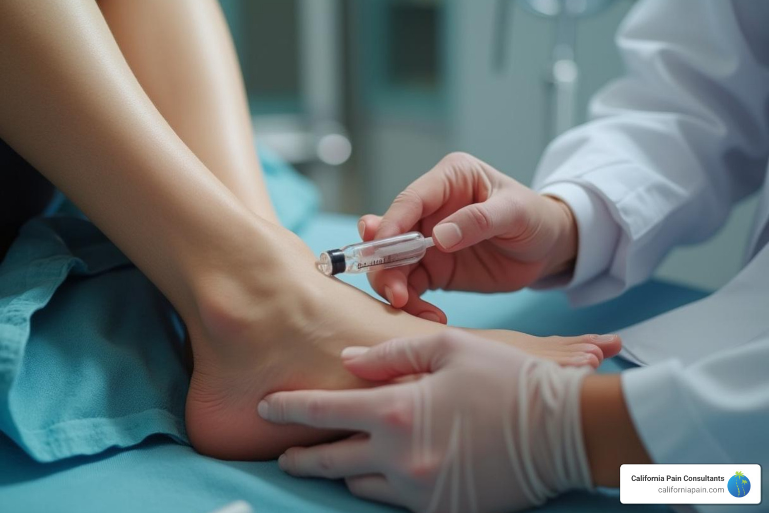 patient receiving therapeutic injection in ankle area - chronic ankle pain treatment