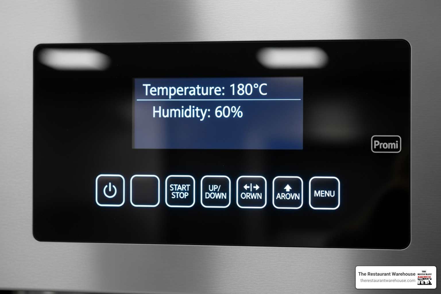 close-up on a digital temperature and humidity control panel - commercial restaurant food warmers
