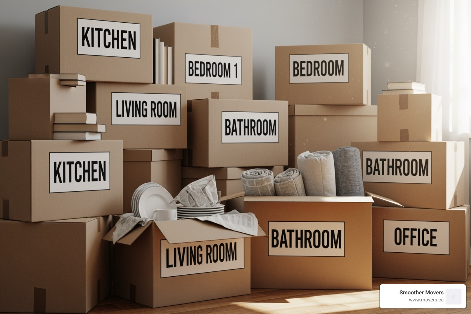 Organized moving boxes labeled by room - movers north vancouver bc