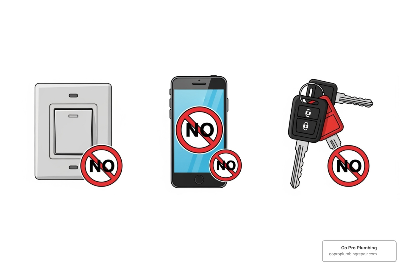 icons with a "NO" symbol over a light switch, cell phone, and car keys - Emergency gas line service