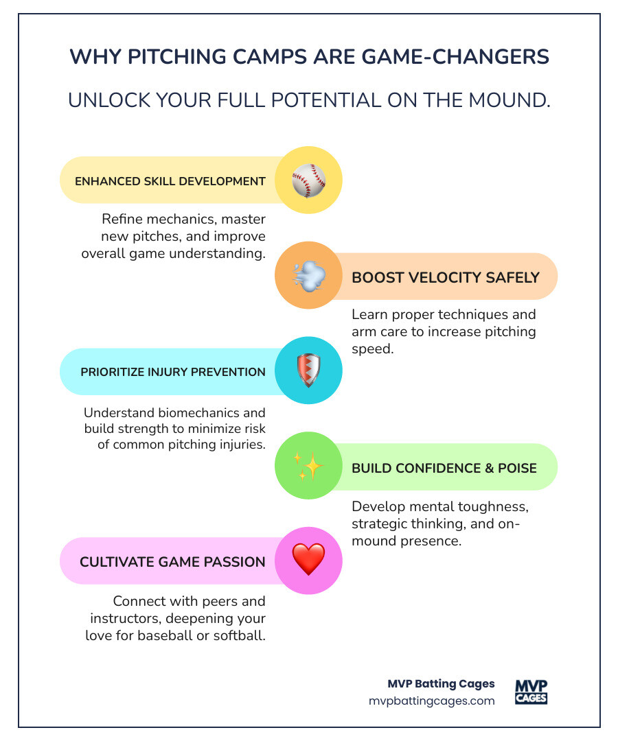 Infographic detailing benefits of pitching camps: Skill development, increased velocity, injury prevention, confidence building, and fostering a passion for the game - pitching camps near me infographic infographic-line-5-steps-colors