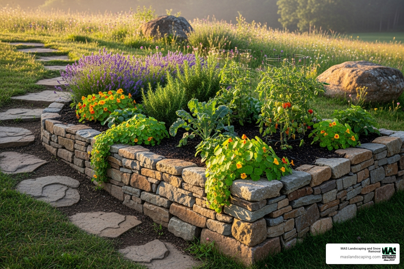 image of a stone raised garden bed built into a landscape - Raised garden beds image of a stone raised garden bed built into a landscape - Raised garden beds