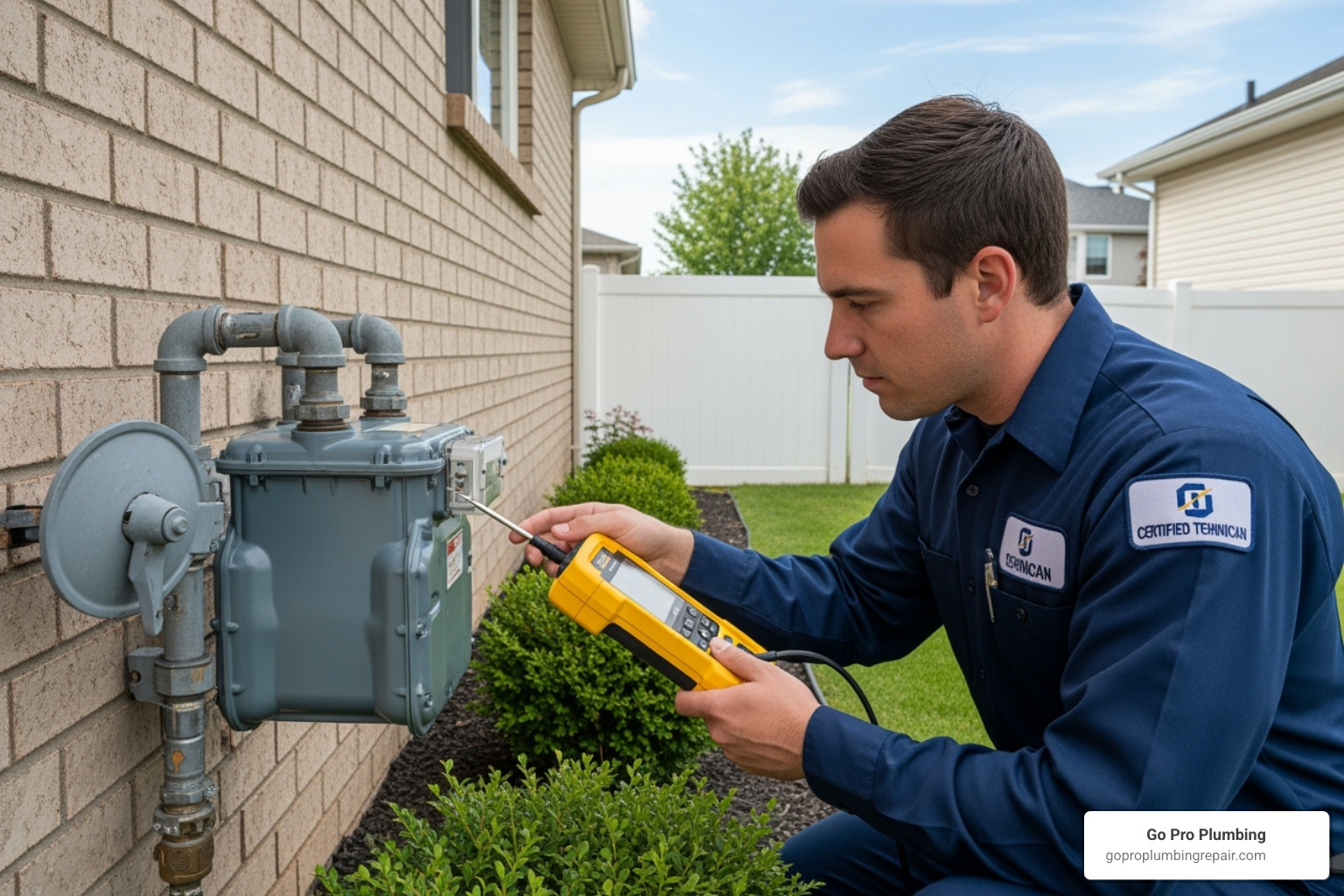 certified technician using a gas leak detector near a gas meter - Emergency gas line service