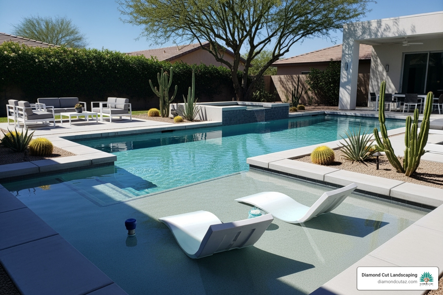 modern geometric pool with a large Baja shelf and in-pool loungers - phoenix backyard pool and landscape designs