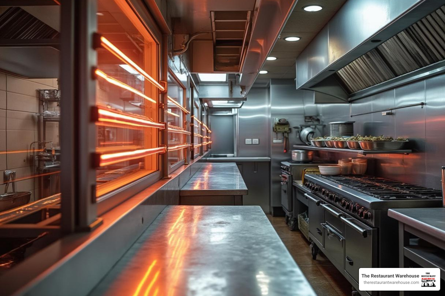 infrared strip heaters mounted over a kitchen pass-through window - commercial restaurant food warmers
