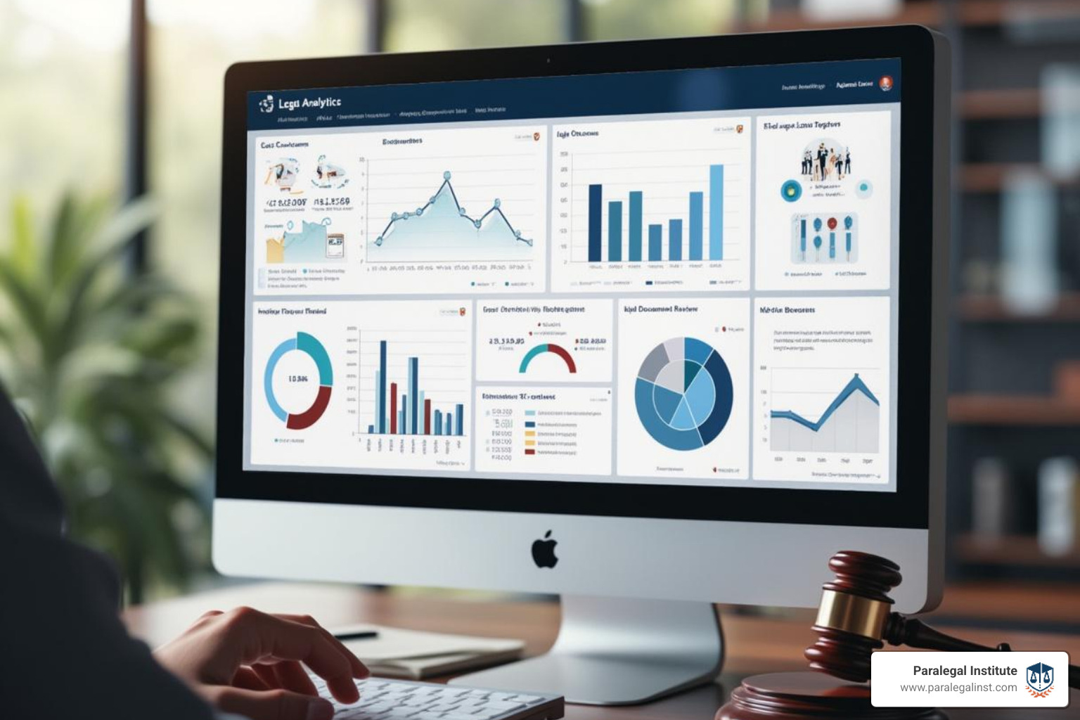 A dashboard showing AI-powered legal analytics with charts and graphs indicating case outcomes, judge tendencies, and document review progress - AI in legal field