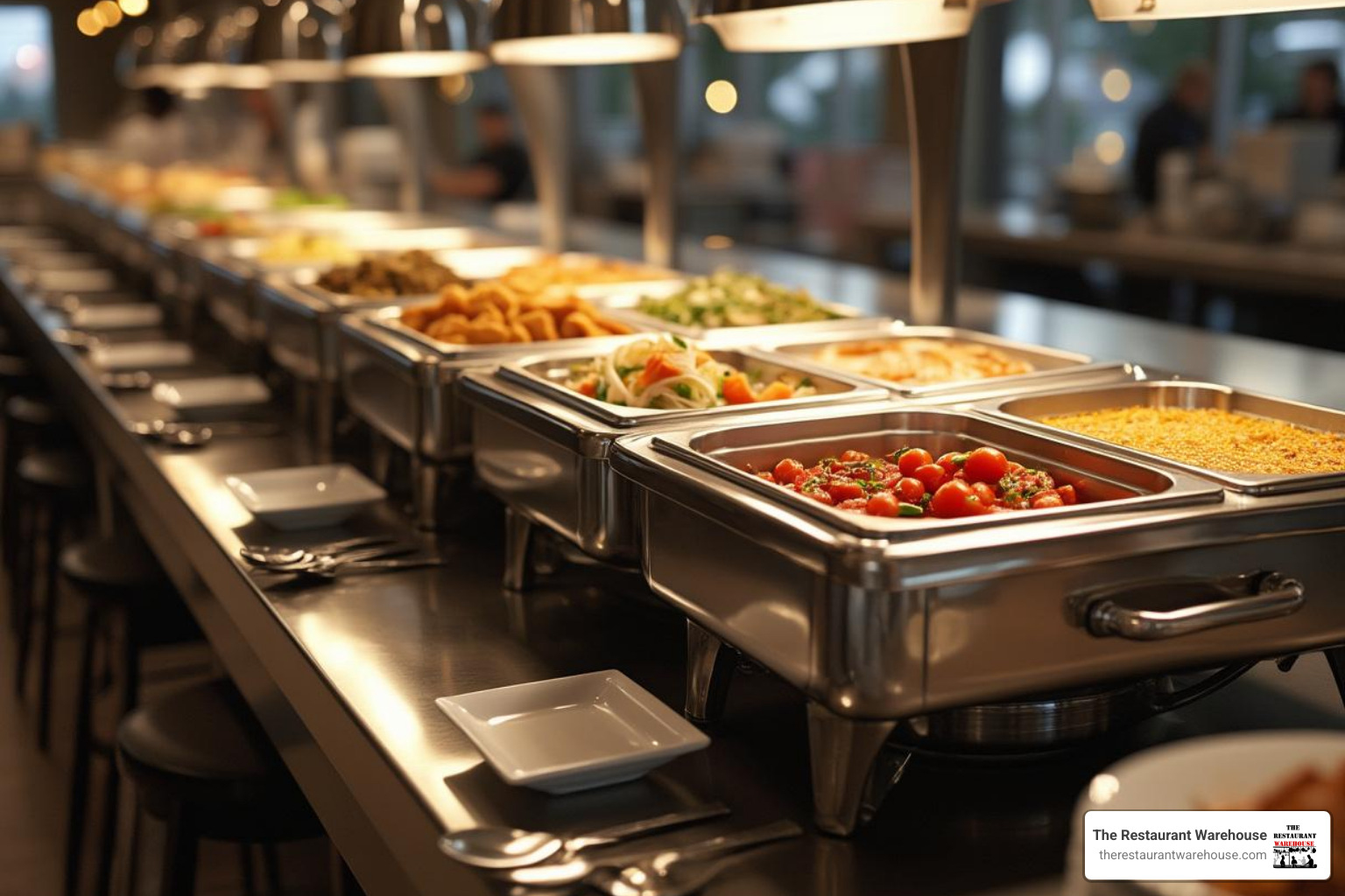 stainless steel countertop food warmer with multiple pans on a buffet line - commercial restaurant food warmers