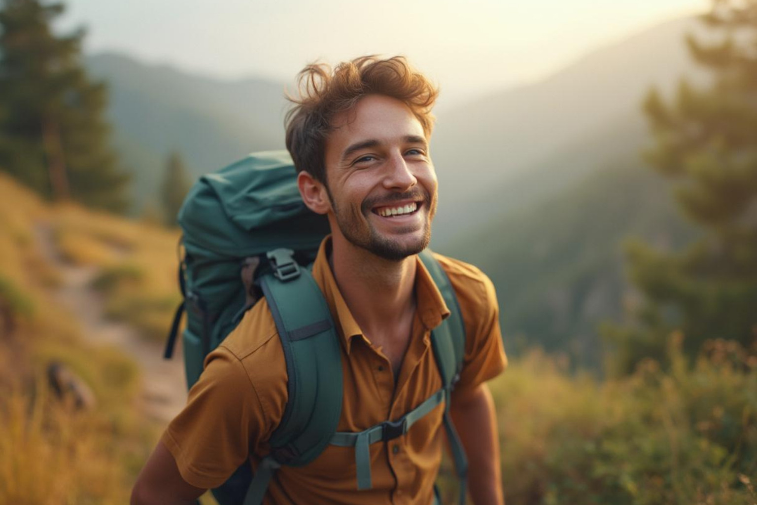 someone looking happy and confident while hiking outdoors. - extreme self care