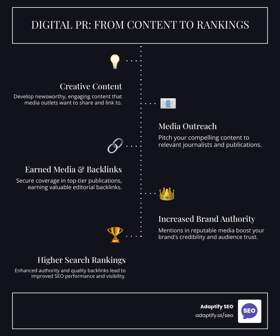 Infographic showing the flow from a PR campaign to improved SEO rankings and brand authority, depicting steps like 'Creative Content', 'Media Outreach', 'Earned Media Coverage', 'High-Quality Backlinks', 'Increased Brand Authority', and 'Higher Search Rankings'. - link building benefits of pr infographic infographic-line-5-steps-dark
