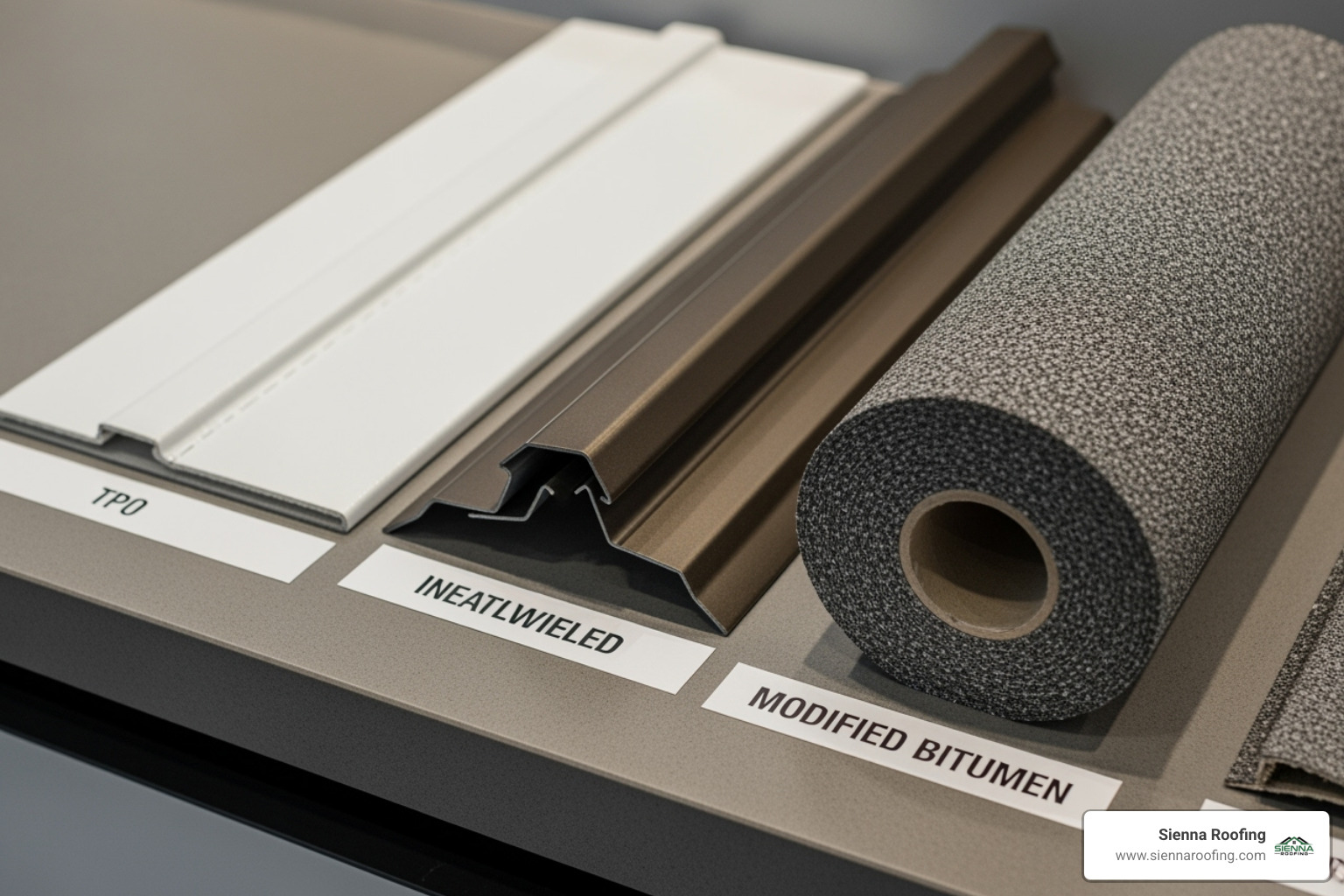 various commercial roofing material samples like TPO, metal, and modified bitumen - commercial roofing services sugar land