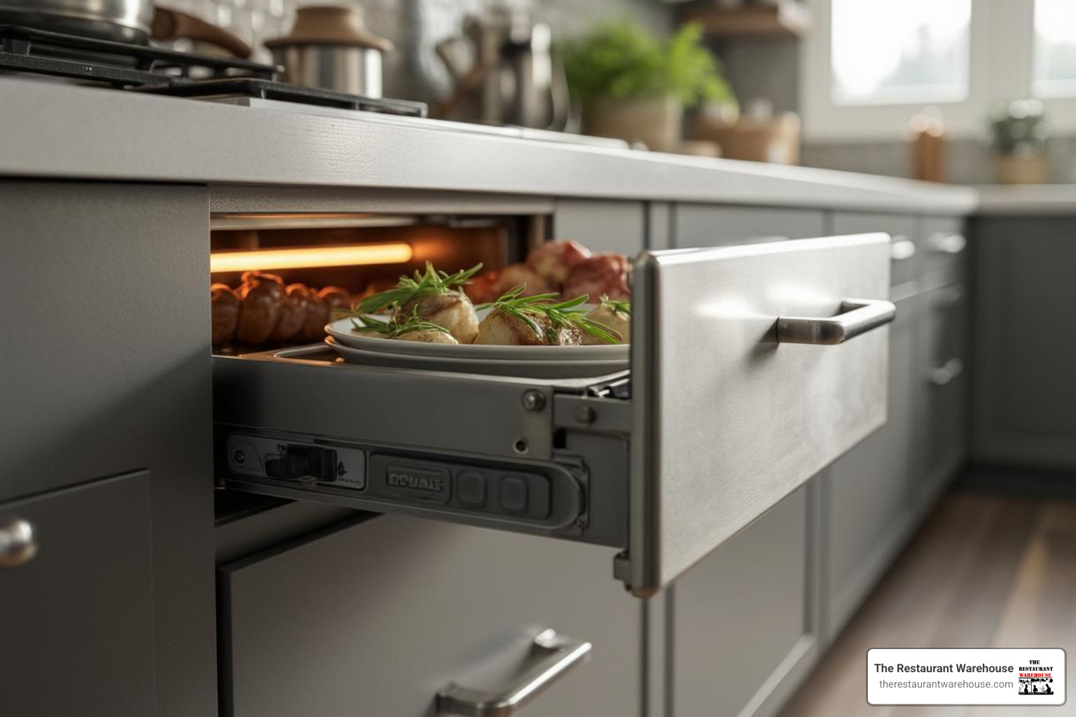 built-in stainless steel drawer warmer unit below a counter - commercial restaurant food warmers