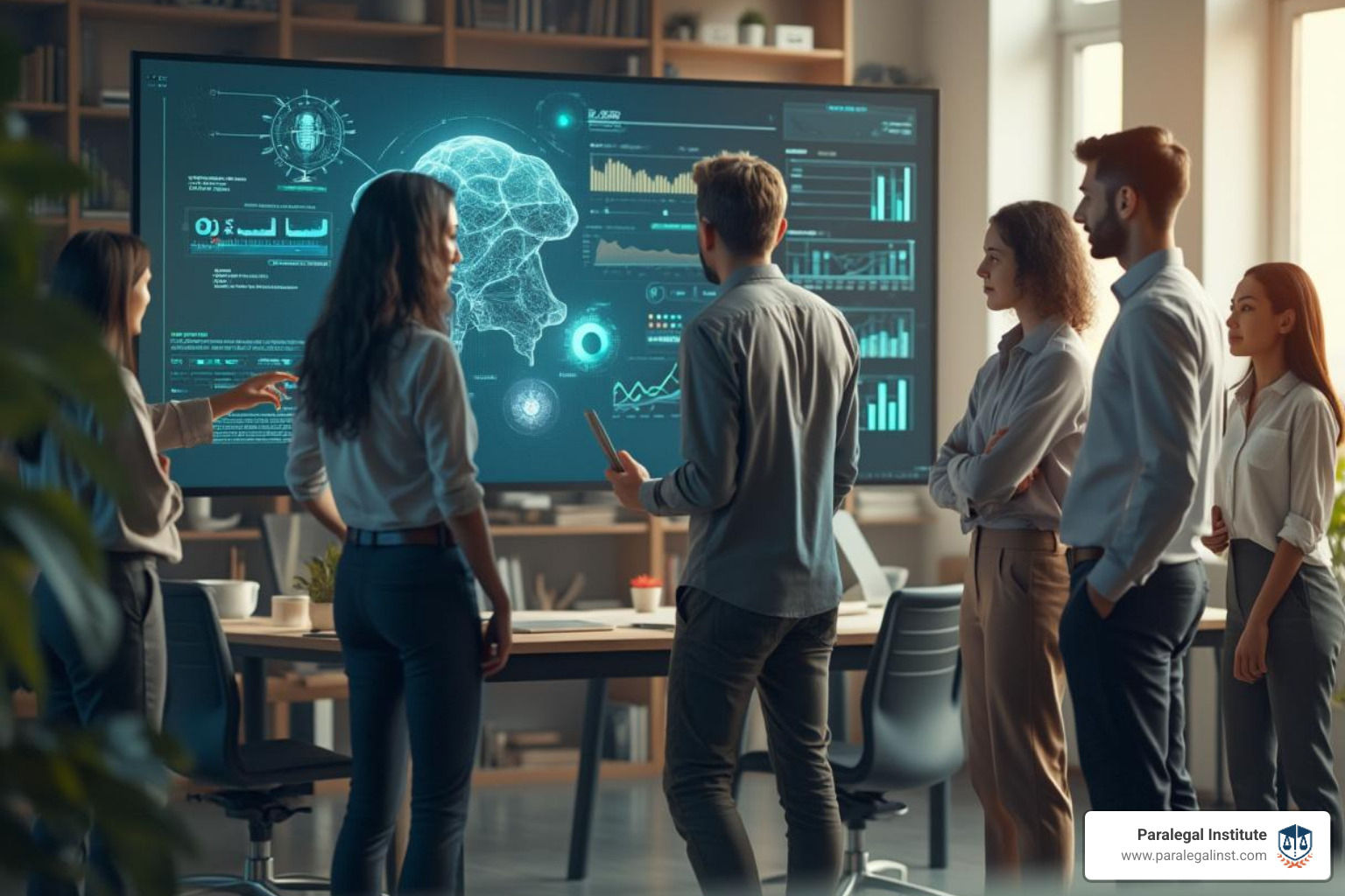 A modern law firm team collaborating with AI tools displayed on a large screen, showing diverse professionals working together in a bright, contemporary office setting - AI in legal field