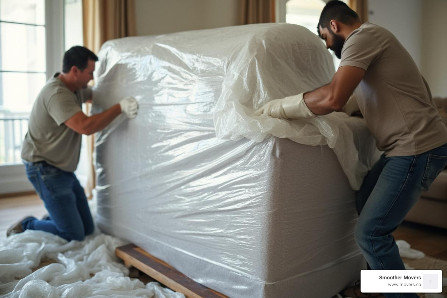 Smoother Movers’ team carefully wrapping a large piece of furniture - movers north vancouver bc