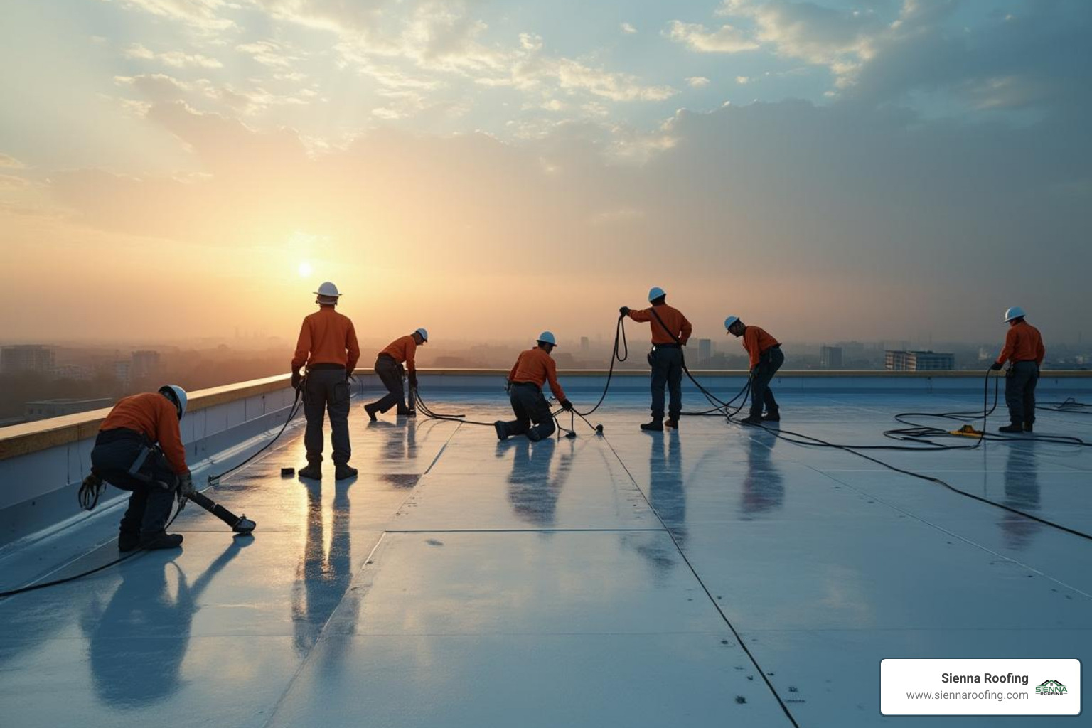 professional roofing team working on a large commercial flat roof - commercial roofing services sugar land