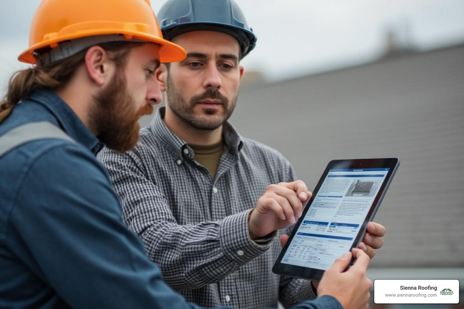 contractor showing a client a digital roof inspection report on a tablet - commercial roofing services sugar land