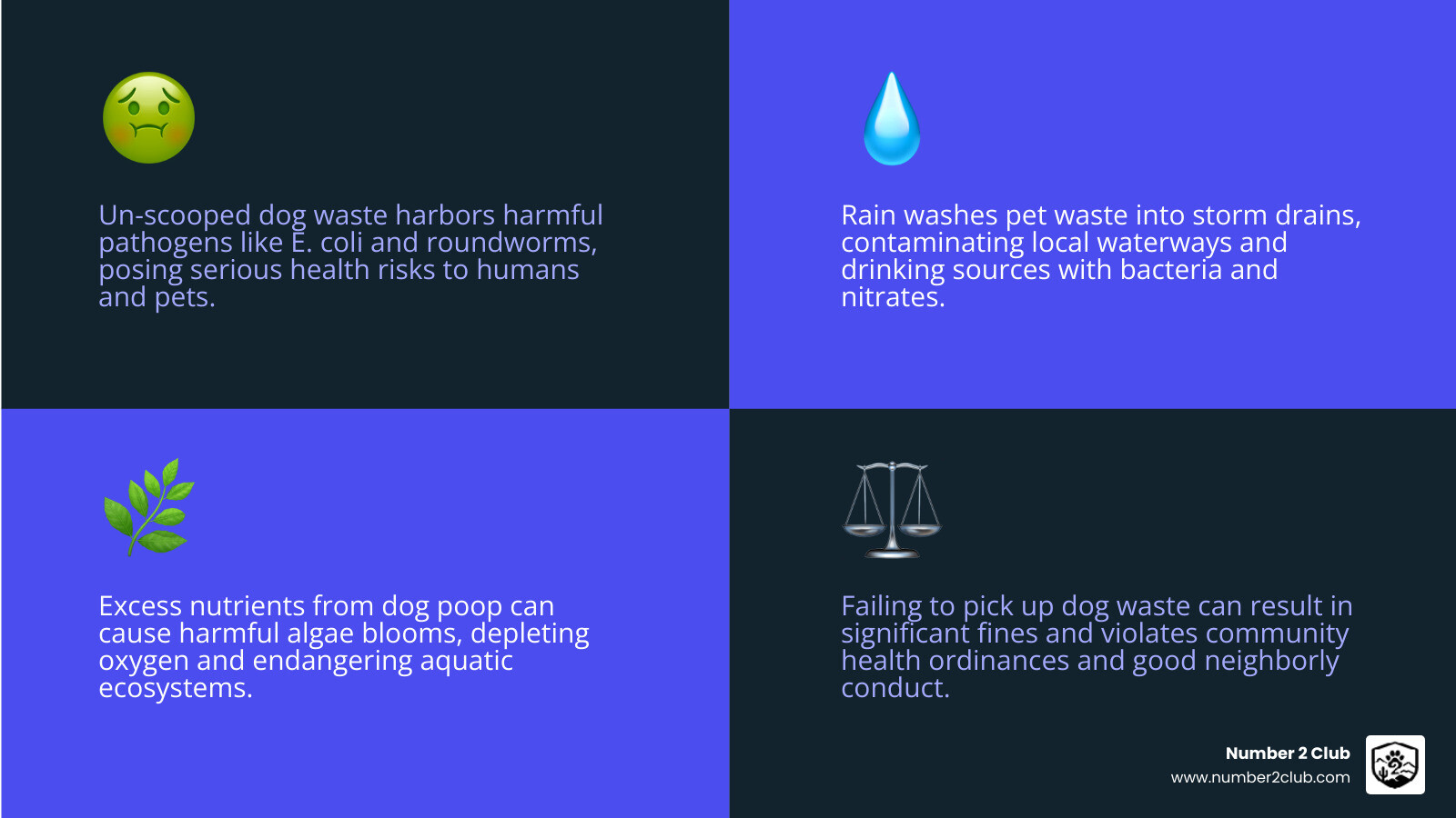 Infographic explaining the health and environmental risks of un-scooped dog poop - picking up dog poop infographic 4_facts_emoji_blue