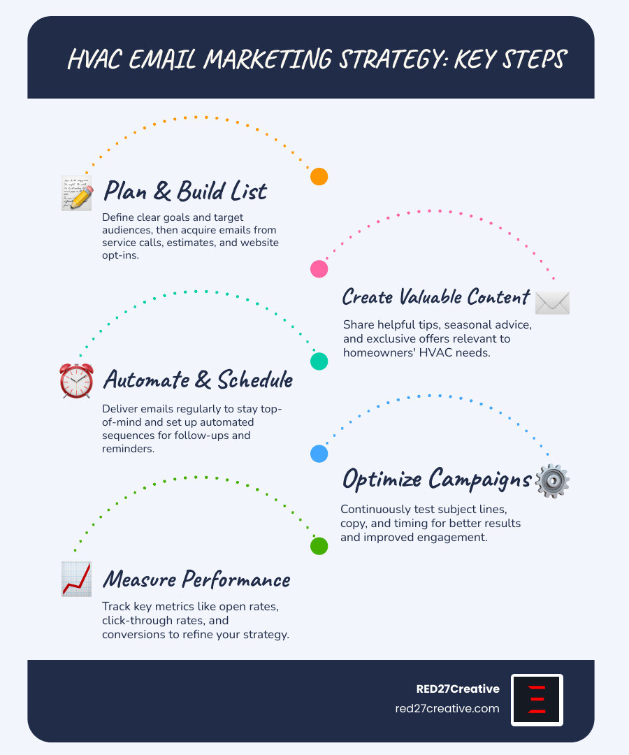 Infographic detailing the key elements and benefits of a successful HVAC email marketing strategy, including list building, content types, automation, and ROI - email marketing strategy for hvac infographic infographic-line-5-steps-blues-accent_colors Infographic detailing the key elements and benefits of a successful HVAC email marketing strategy, including list building, content types, automation, and ROI - email marketing strategy for hvac infographic infographic-line-5-steps-blues-accent_colors