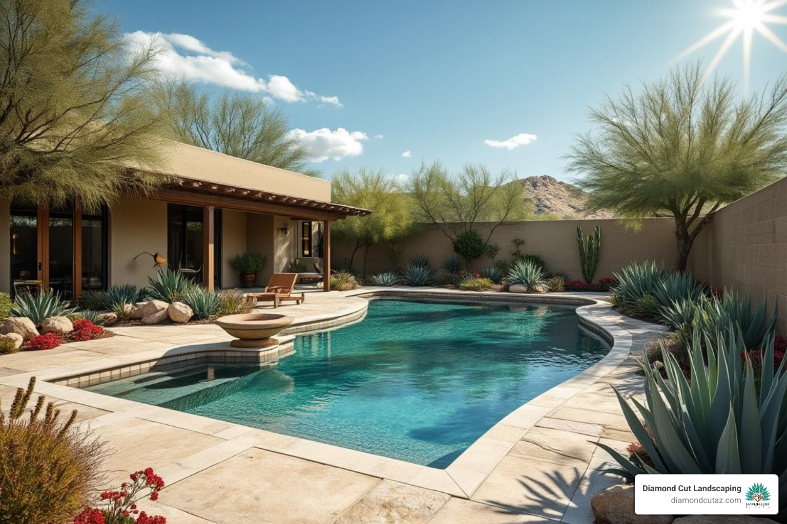 travertine pool deck surrounded by lush, drought-tolerant plants like agave and palo verde trees - phoenix backyard pool and landscape designs