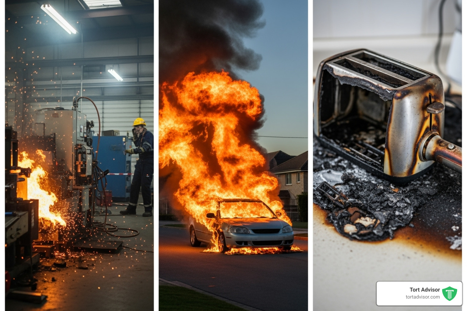 Collage showing different causes of burns like a workplace accident, a car fire, and a defective product - burn injury lawyer near me