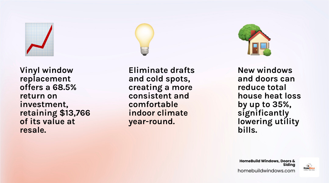Infographic showing energy savings over time after window replacement, highlighting reduced utility bills and increased home comfort. - door and window replacement infographic 3_facts_emoji_light-gradient