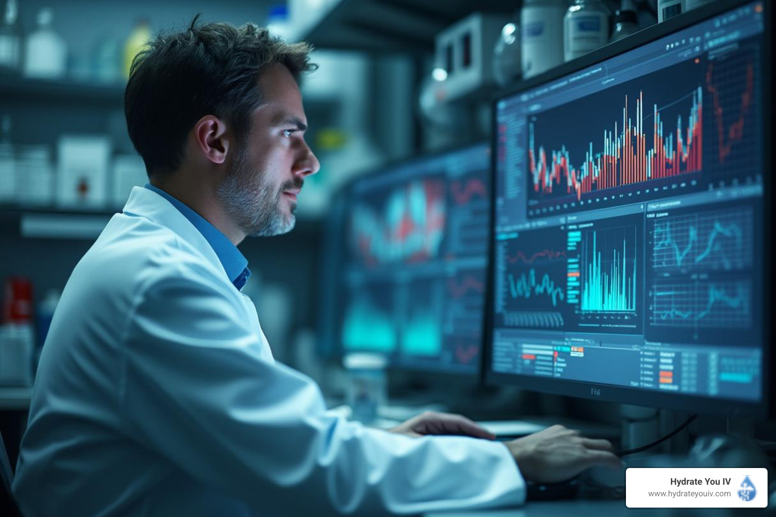 a scientist looking at data on a screen - nicotinamide adenine dinucleotide supplement