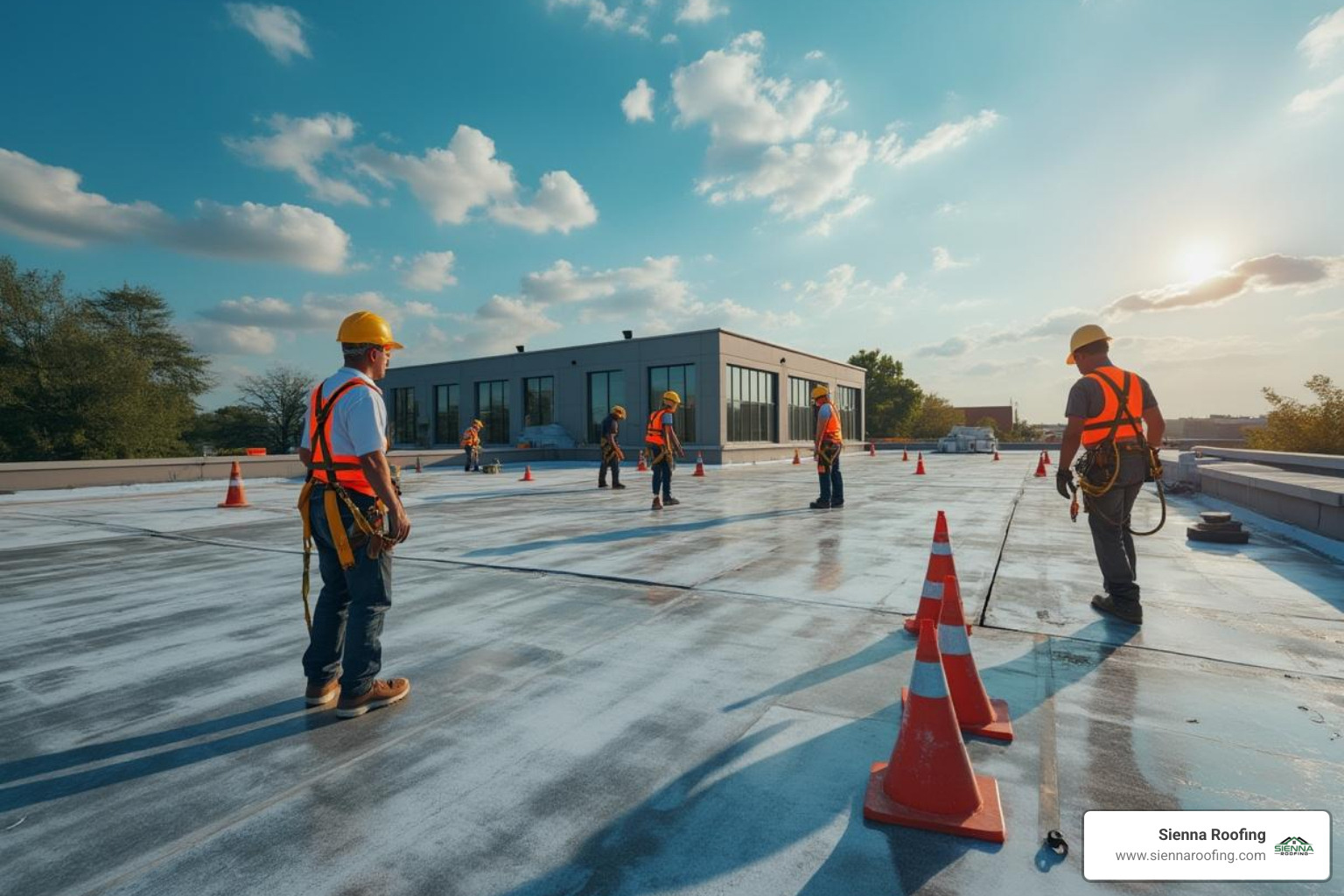 commercial roofing project in progress, showing safety measures in place - commercial roofing services sugar land