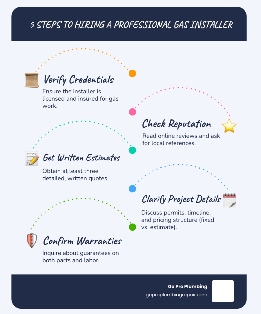 Infographic explaining the 5 key steps to hiring a professional gas installer - gas installation near me infographic infographic-line-5-steps-blues-accent_colors