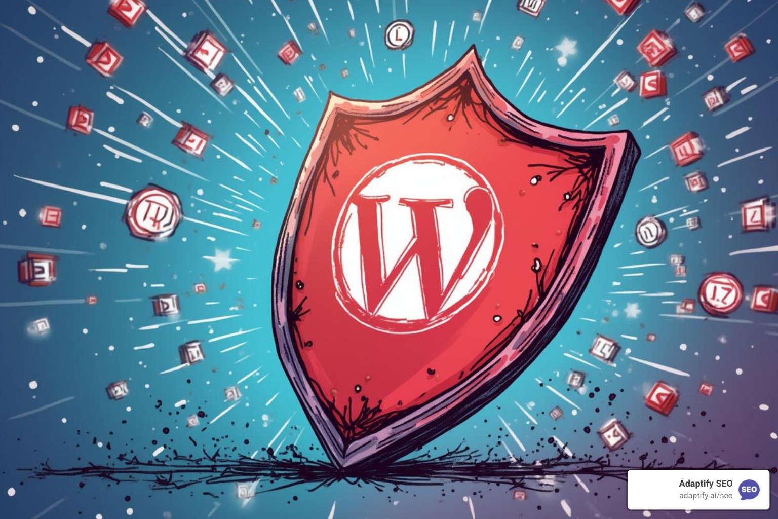 A stylized shield protecting a website icon from various abstract algorithm update icons, symbolizing the resilience and future-proofing digital PR provides against search engine changes. - link building benefits of pr
