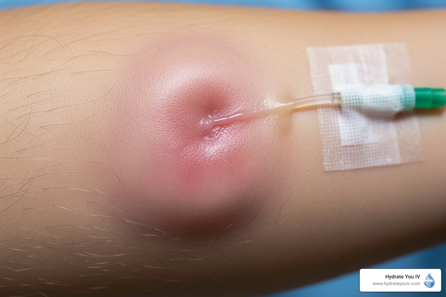 Visual signs of IV infiltration, showing swelling and coolness at the insertion site - administering iv fluids at home