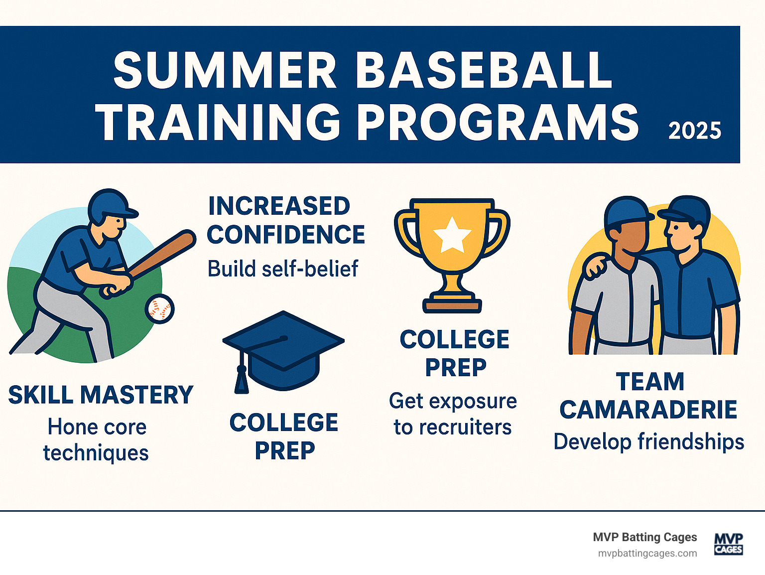 Infographic detailing key benefits of summer baseball training programs, including skill mastery, increased confidence, college prep, and team camaraderie - summer baseball training programs infographic 