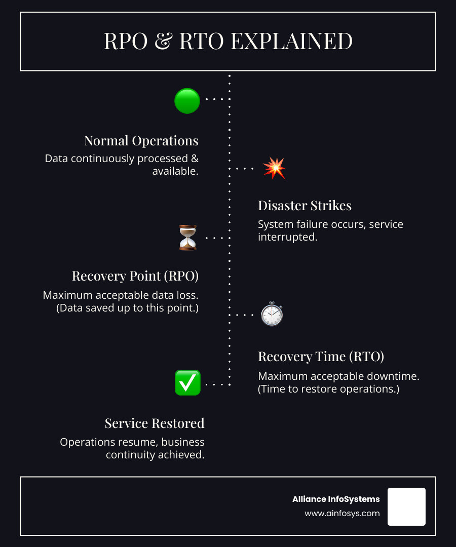Infographic explaining the difference between Recovery Point Objective (RPO) and Recovery Time Objective (RTO) with a timeline visual, illustrating data loss and downtime during a disaster and subsequent recovery. - sql disaster recovery best practices infographic infographic-line-5-steps-dark