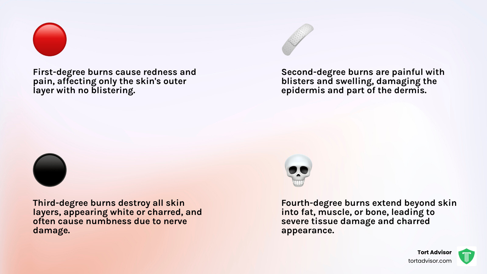 Infographic explaining the different degrees of burns (1st, 2nd, 3rd, 4th) with visual representations and key symptoms - burn injury lawyer near me infographic 4_facts_emoji_light-gradient
