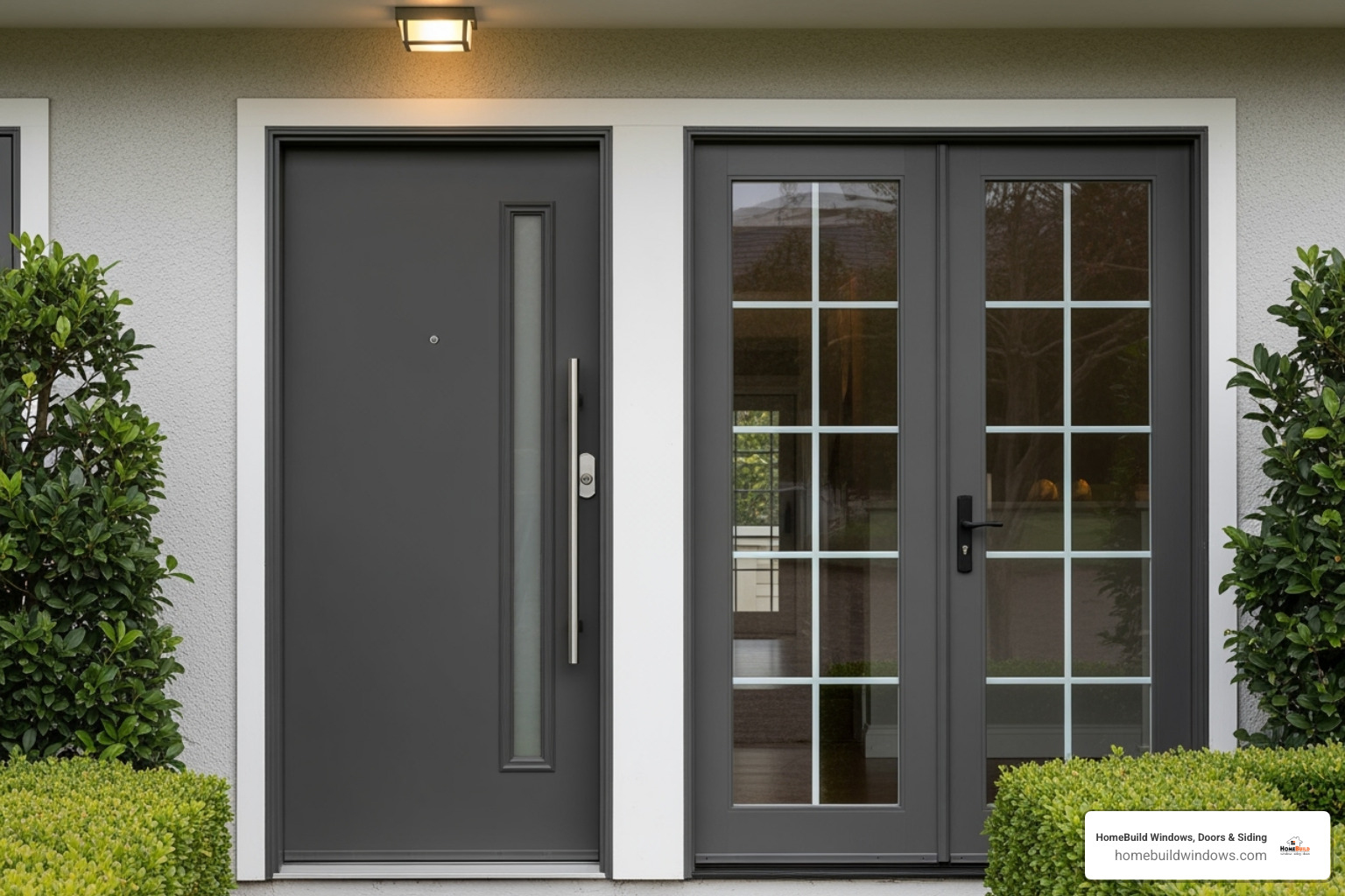 A modern fiberglass entry door and neat French patio doors - door and window replacement