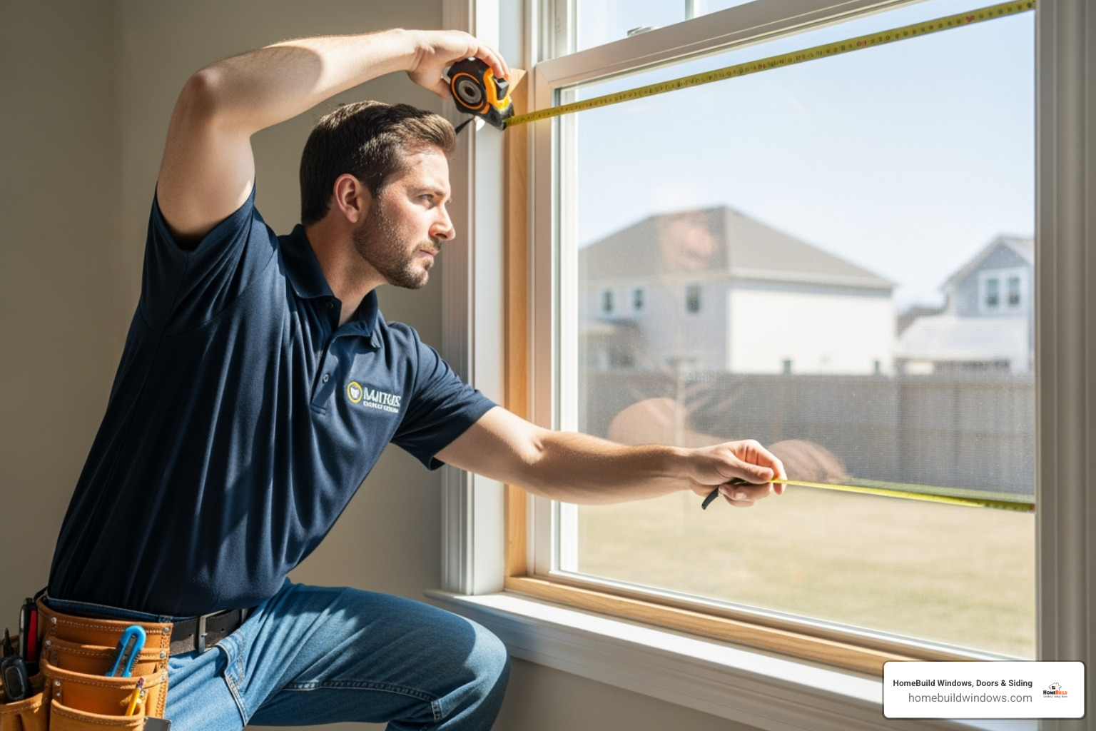 A professional installer carefully measuring a window opening - door and window replacement