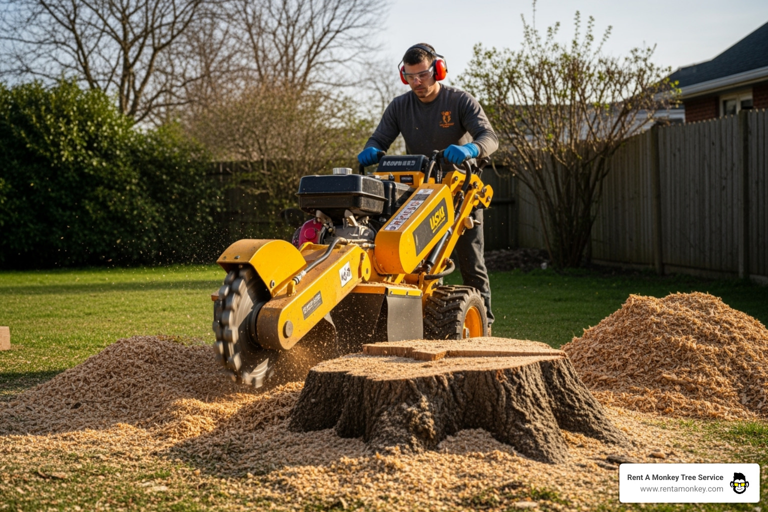 person safely operating a rented stump grinder with proper PPE - cost of a stump grinder machine