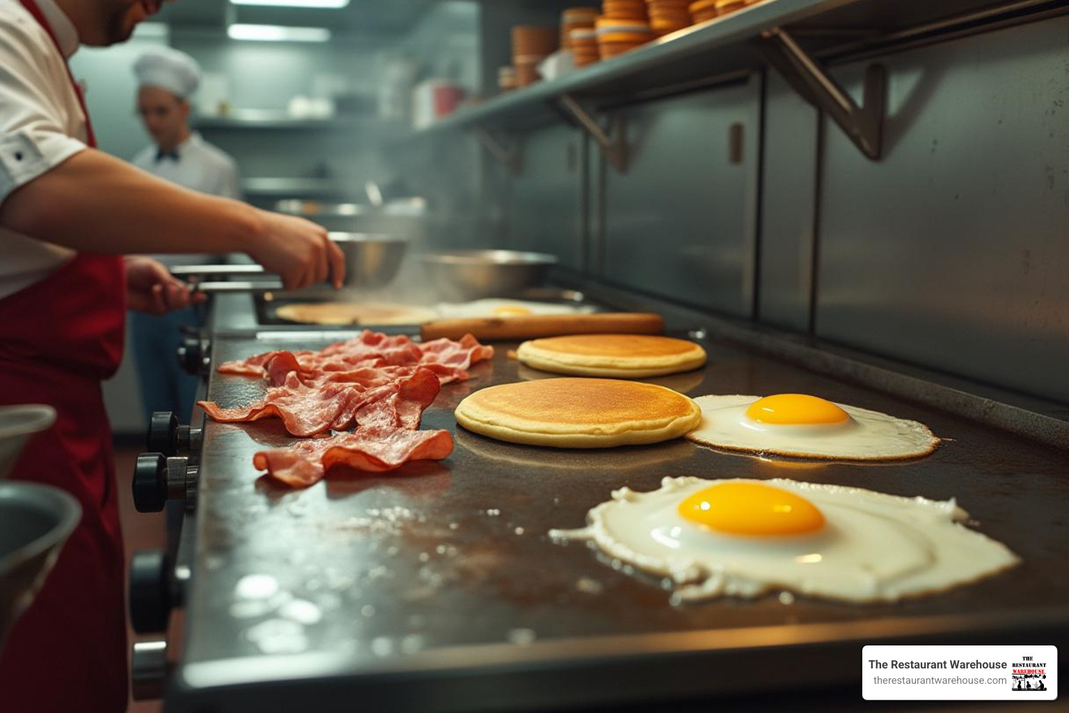 chef cooking breakfast on a large flat-top griddle - commercial griller machine