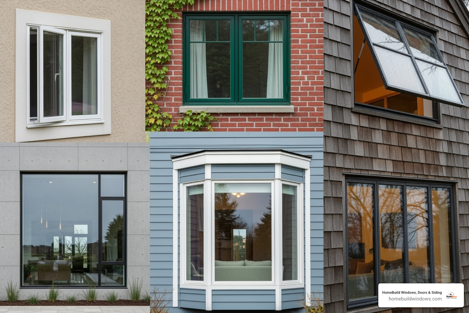 A collage showing different window styles like casement, double-hung, and bay - door and window replacement