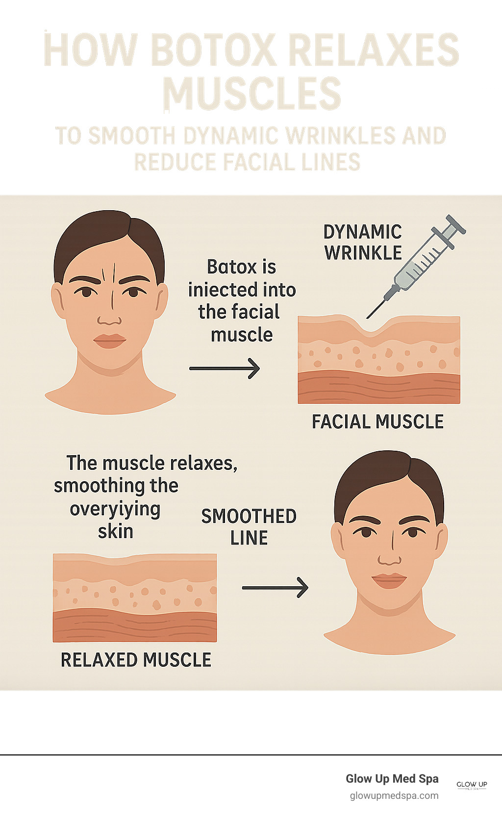 Infographic showing how Botox relaxes muscles to smooth dynamic wrinkles and reduce facial lines - botox facial injections newport beach infographic 