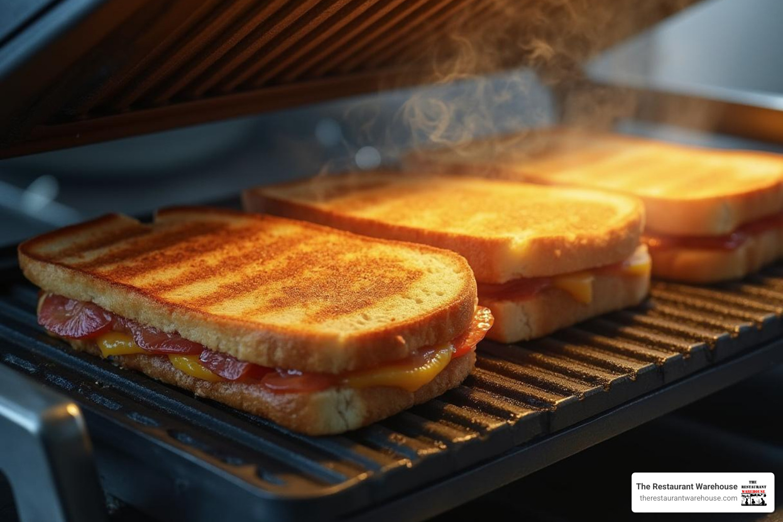 golden-brown panini being pressed in a contact grill - commercial griller machine