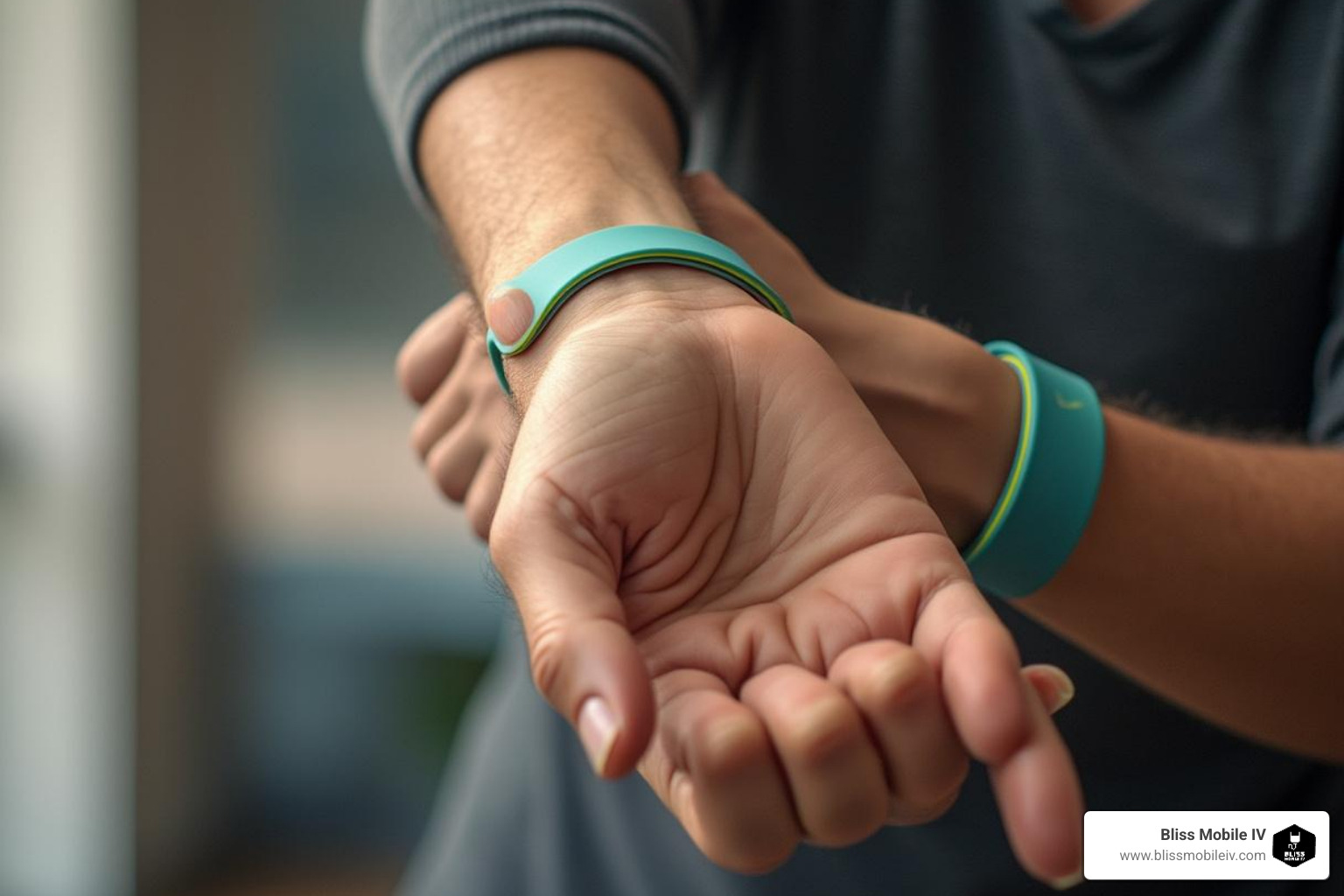 Acupressure wristbands on a person's wrist - Pregnancy nausea relief