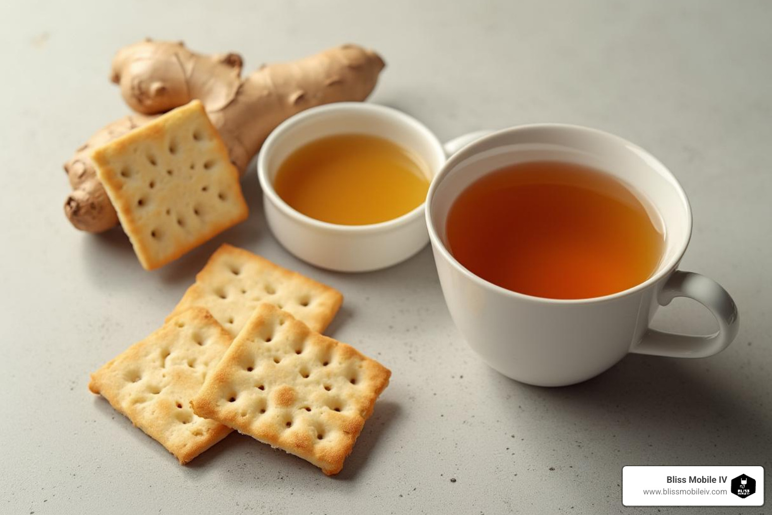 Healthy, bland foods like crackers, toast, and ginger tea - Pregnancy nausea relief