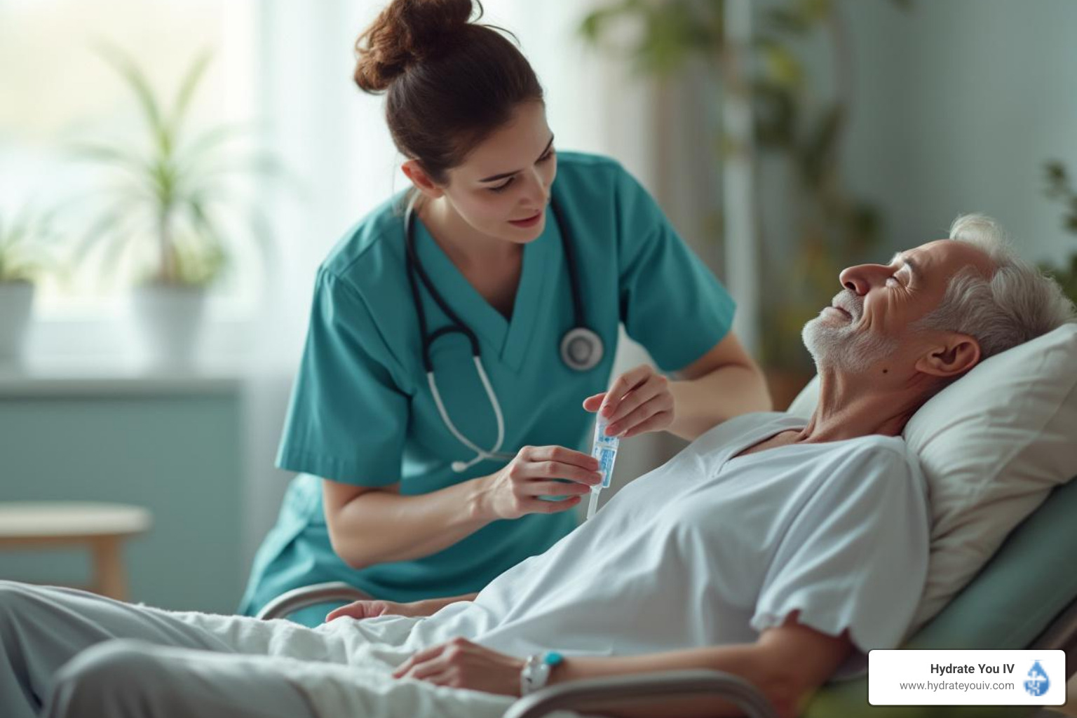A registered nurse professionally administering an IV to a patient at home, with the patient looking relaxed - administering iv fluids at home
