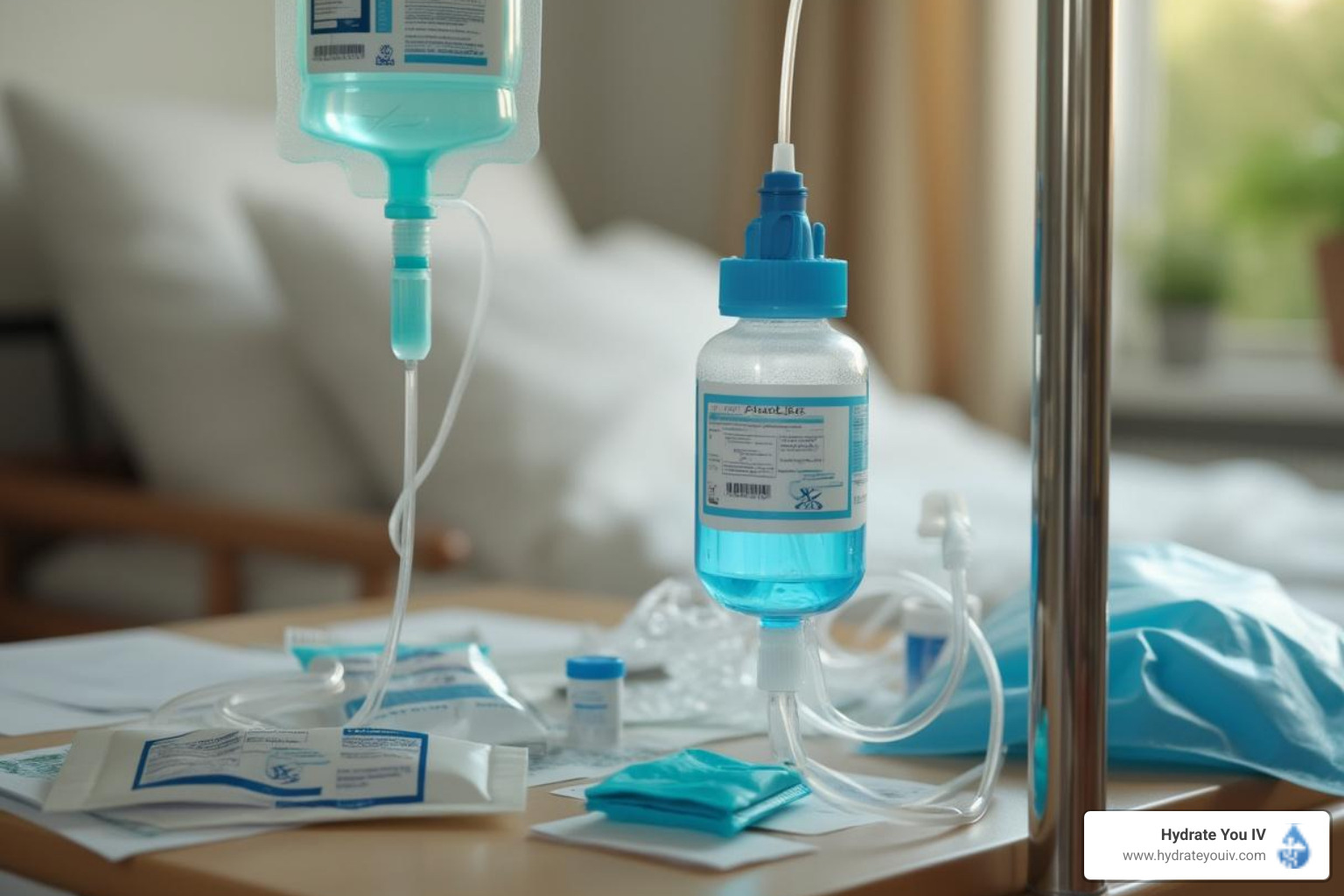 A clean, organized home IV therapy setup with supplies laid out, including an IV pole, fluid bag, and sterile wipes - administering iv fluids at home